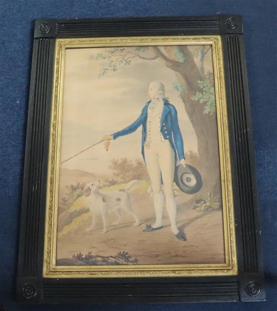 Early 19th century English School Portrait of Hugh Hammersley, standing with a dog in a landscape 18.5 x 12.75in.